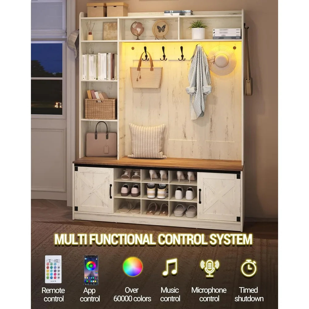 59.8" Hall Tree LED Farmhouse Entryway Storage Coat Rack Bench Hooks