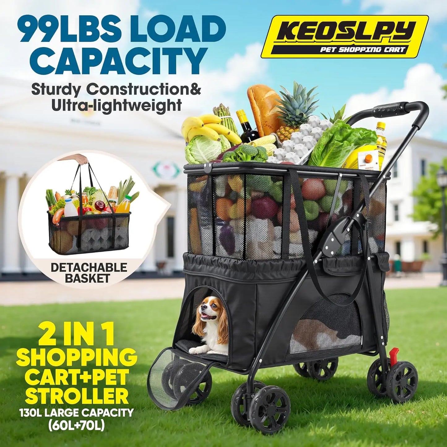 Ljustra 2-in-1 Folding Shopping Cart Pet Stroller Heavy Duty 99 LB