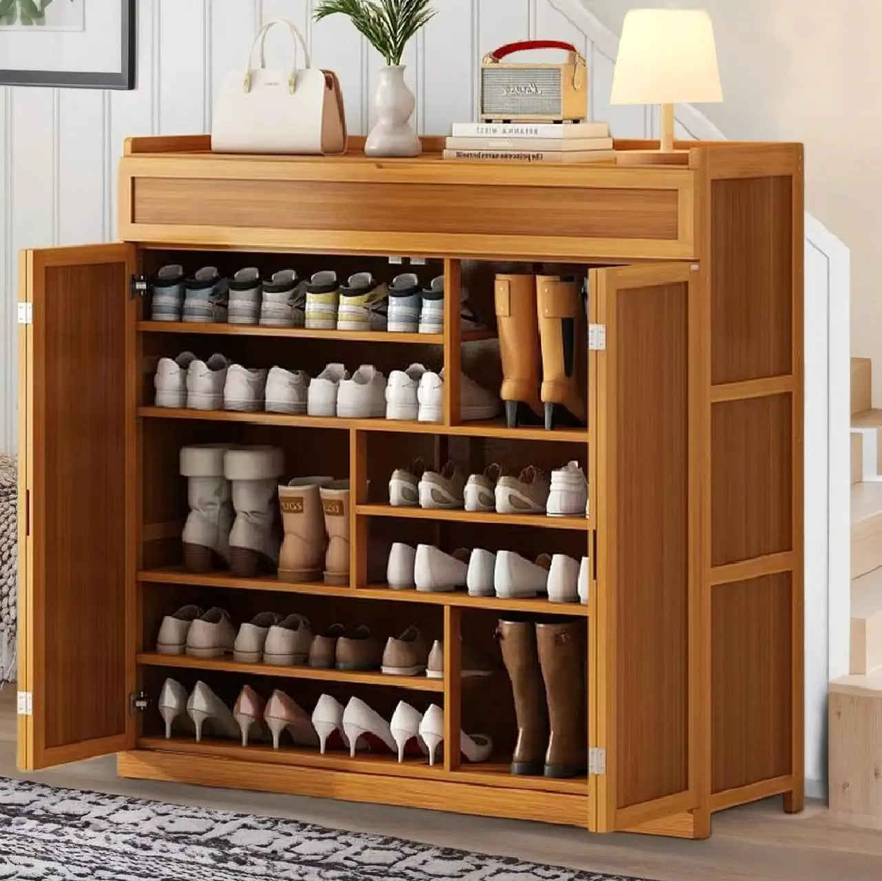 Bamboo Shoe Cabinet 8-Tier Freestanding Storage Organizer Rack for Shoes