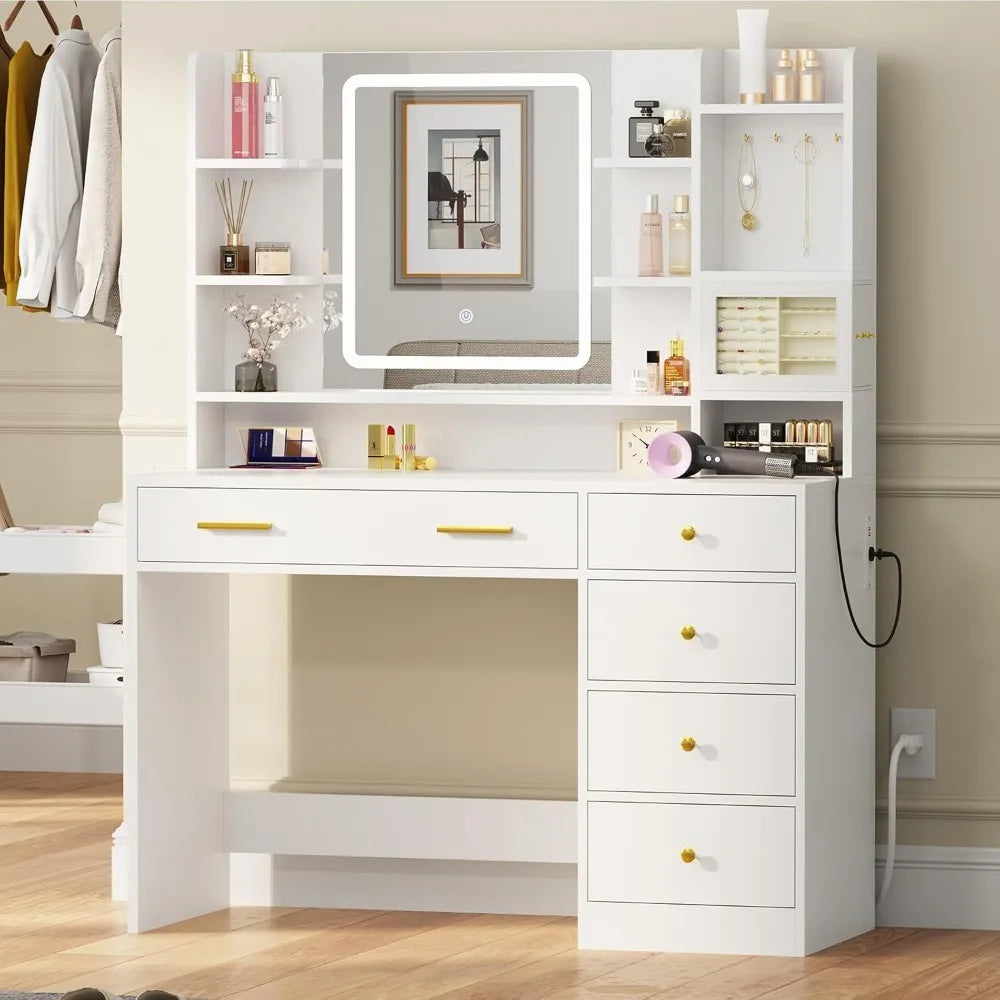 42.8 Inch Modern Vanity with Mirror Lights Jewelry Box 6 Drawers