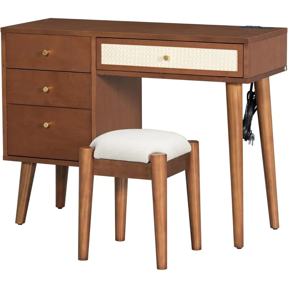Retro Wooden Makeup Vanity Set with 4 Storage Drawers and Stool