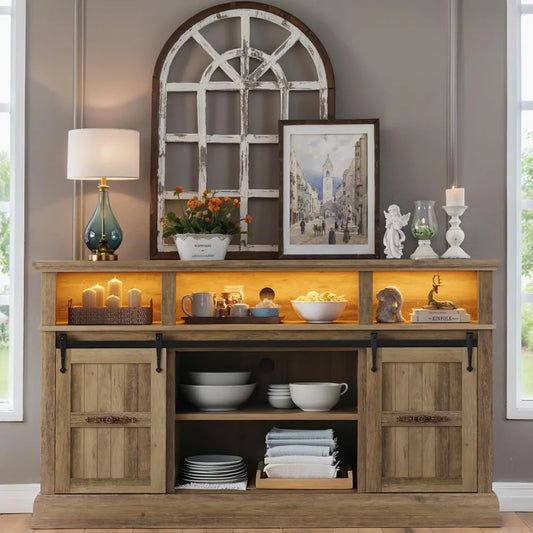 Ljustra Sideboard Buffet Cabinet 58" with LED Lights Sliding Barn Doors