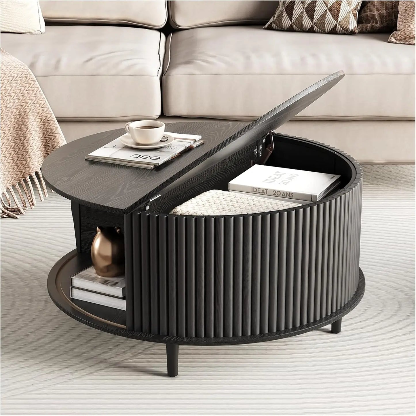Round Coffee Table with Storage Fluted Design Small Center Table