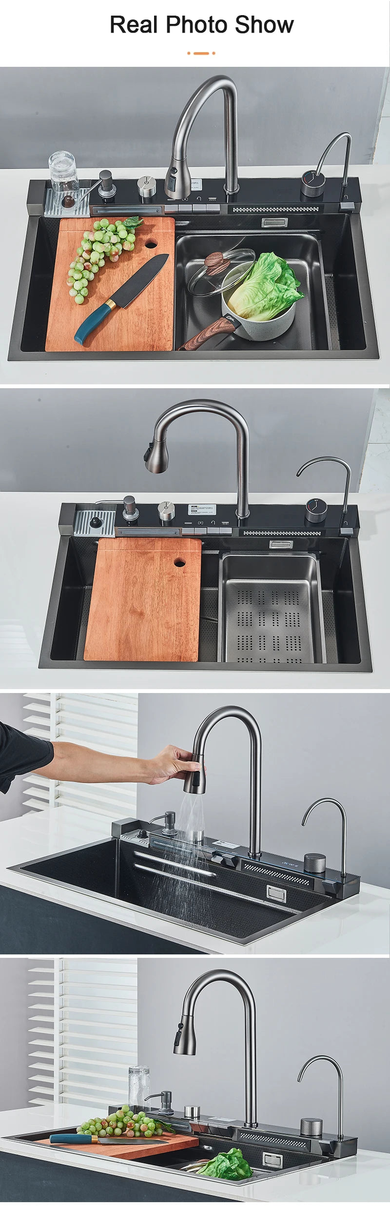 Large Stainless Steel Kitchen Sink with Waterfall Faucet and Display