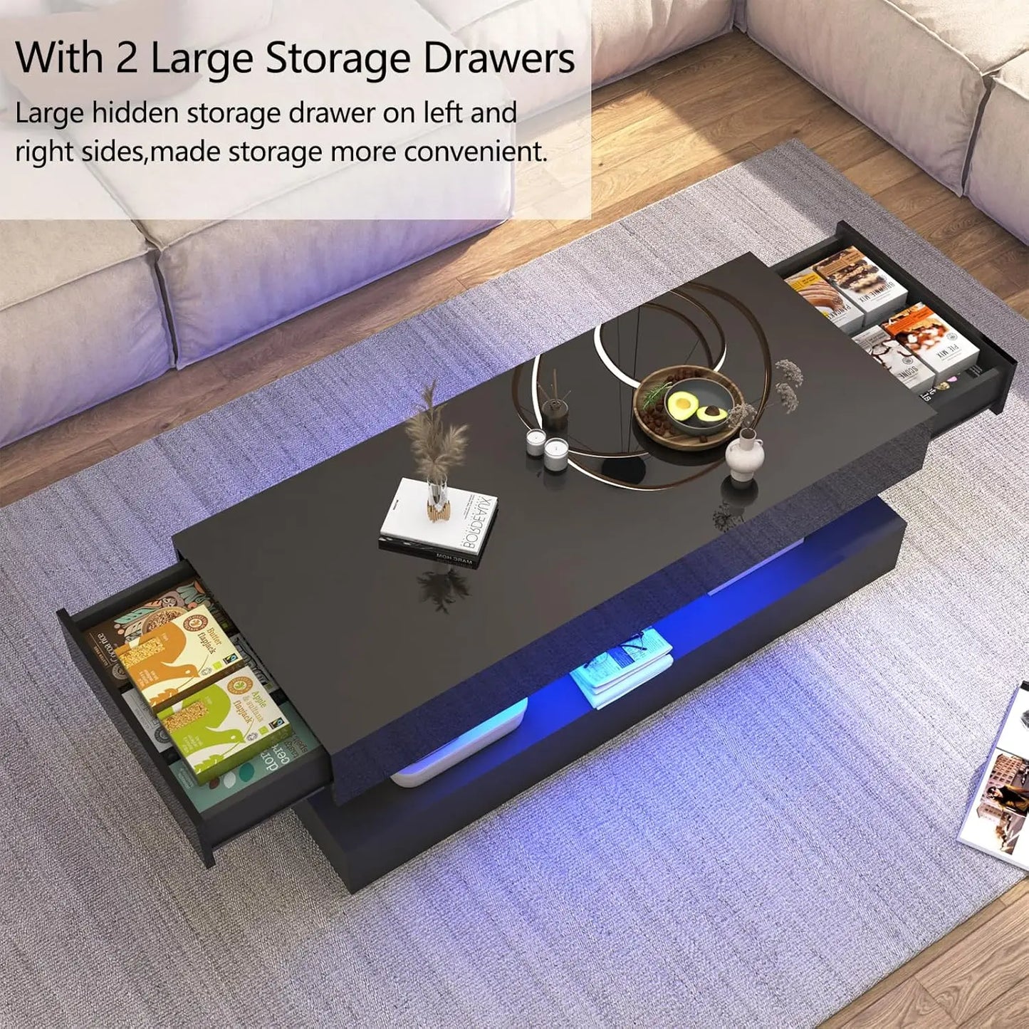 Modern Coffee Table with LED Lights Double-Layer Design Storage Drawers