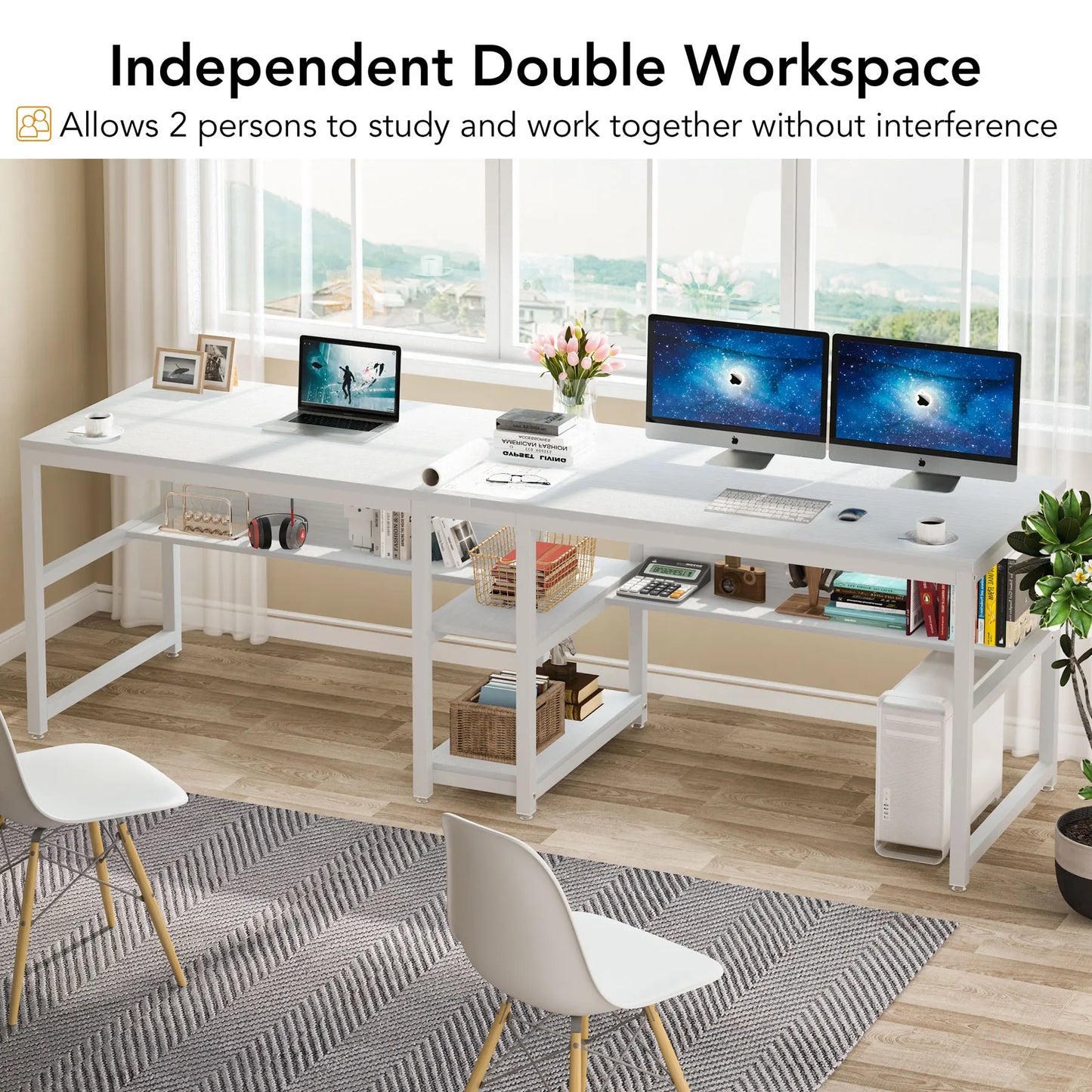 Ljustra Two Person Desk with Bookshelf Rustic Home Office Workstation