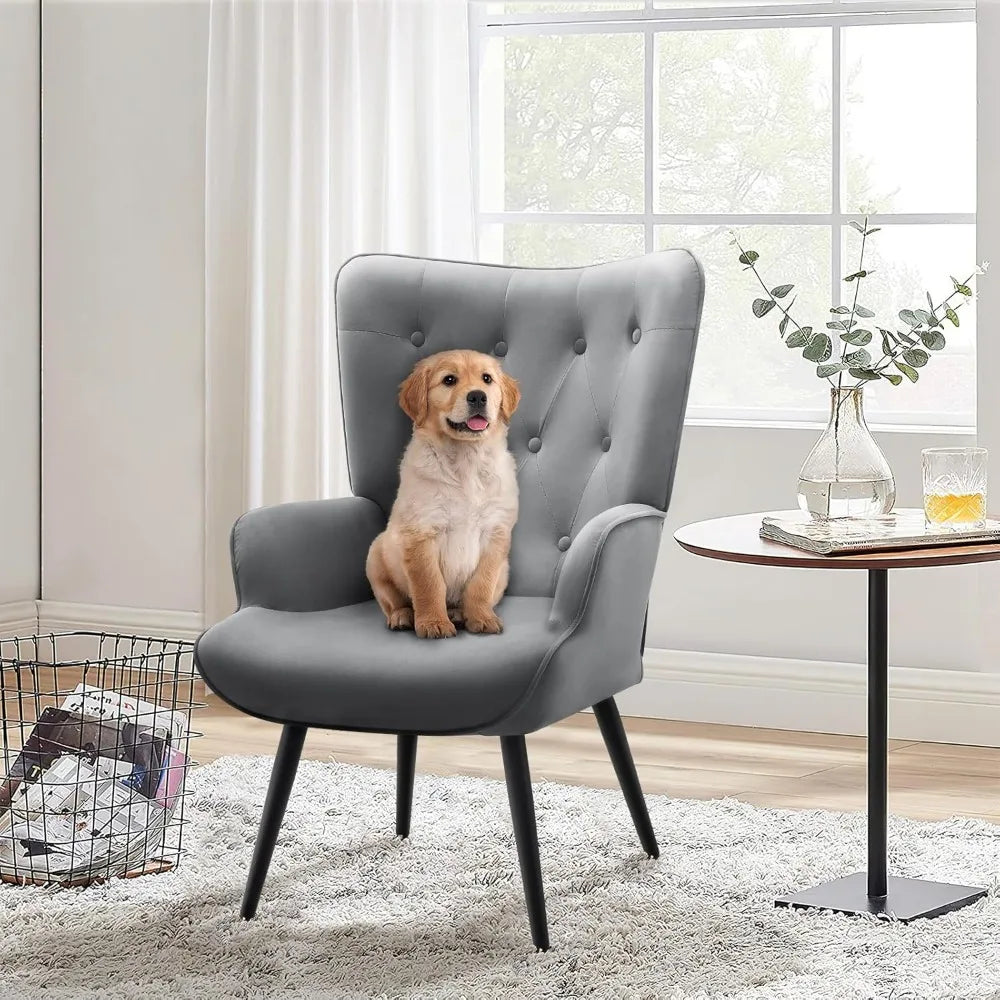 Grey Velvet Accent Chair Wingback Modern Living Room Furniture