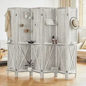6 Panel Room Divider Wood Folding Privacy Screen with Shelves