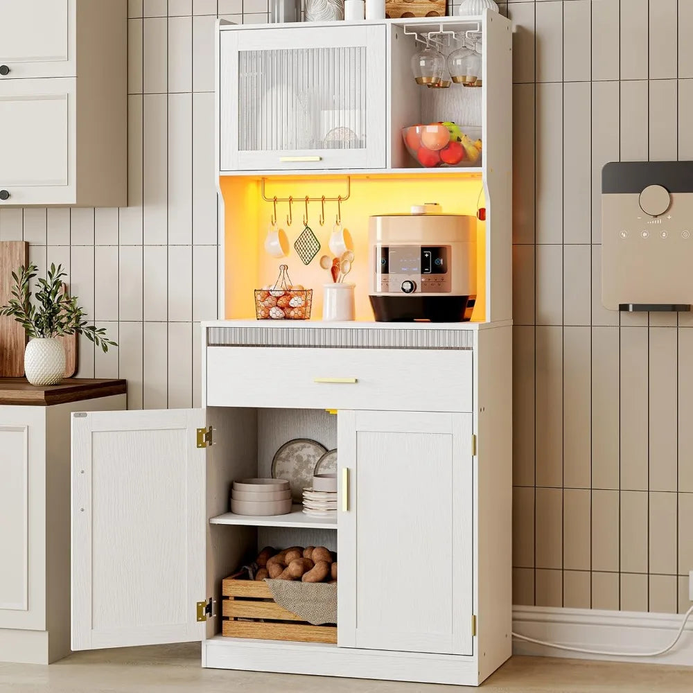 Modern 67" Pantry Cabinet with LED Lights and Charging Station Storage