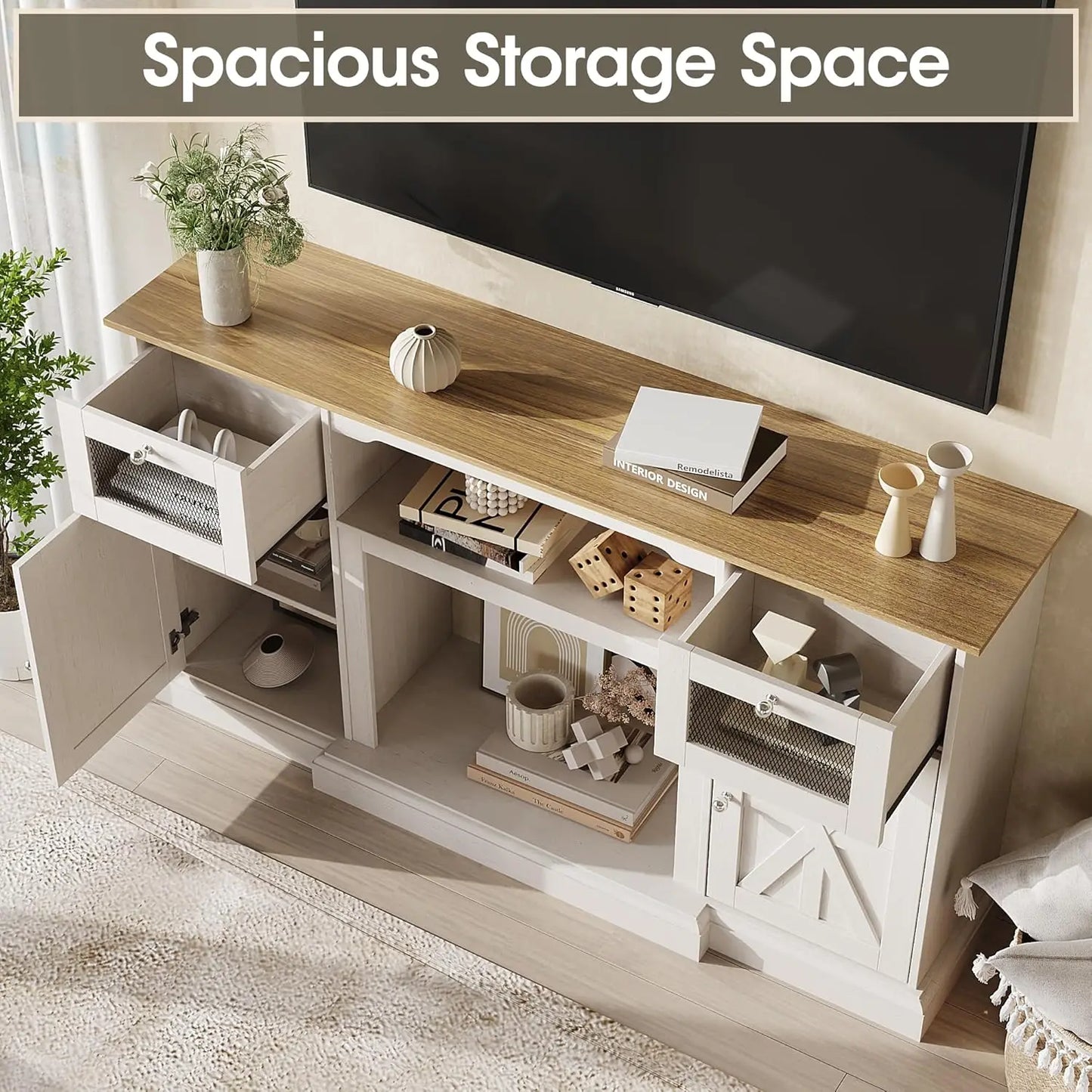 Modern Farmhouse TV Stand for 65 Inch TV Entertainment Center Storage