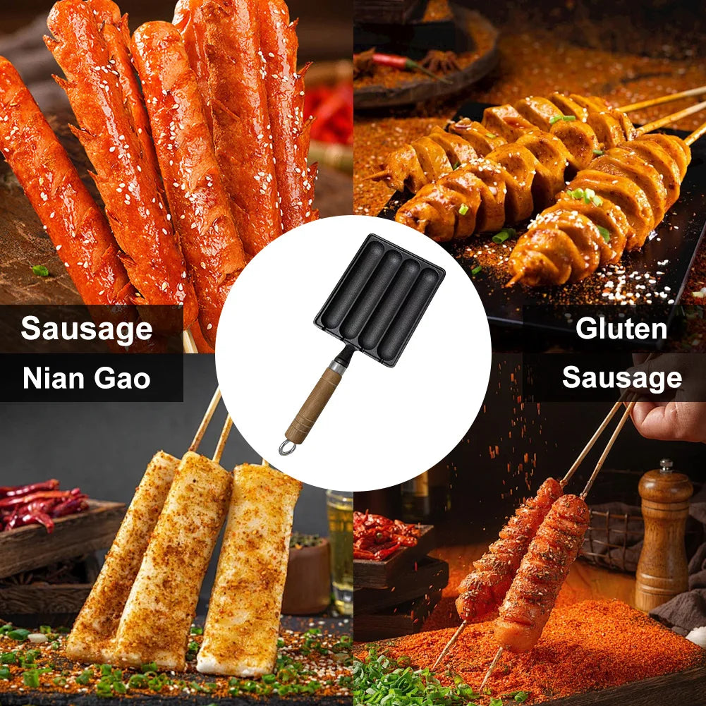 Cast Iron Pre-Seasoned Sausage Pan Non-Stick Hot Dog Mold with Wooden Handle