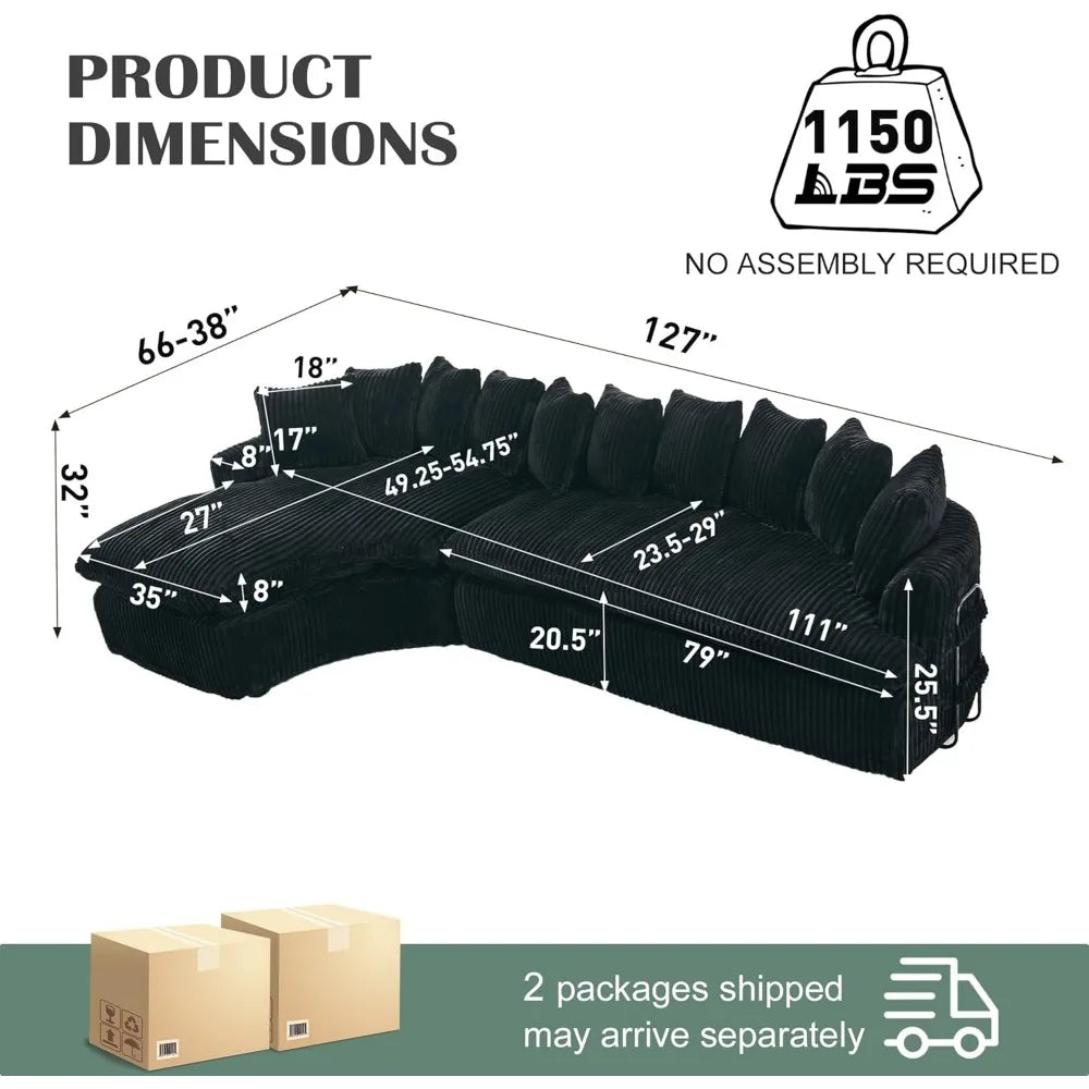 127” Curved L-Shaped Corduroy Sectional Sofa Deep Seat Cloud Couch w/ Pillows