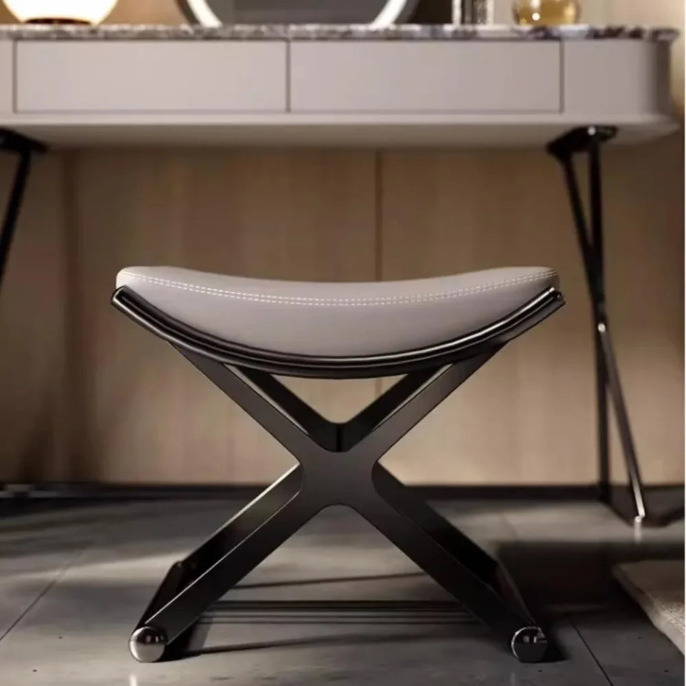Leather Ottoman Vanity Stool with Metal X Legs for Makeup Living Room