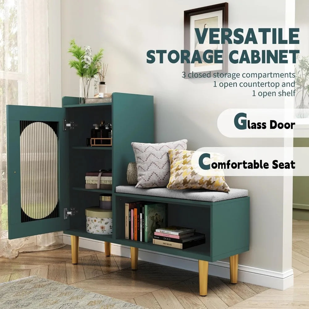 Modern Entryway Storage Bench with Glass Door and Padded Seat