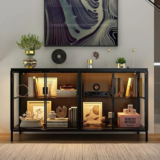 Modern Glass Shelves Sideboard Buffet Storage Cabinet with Metal Legs
