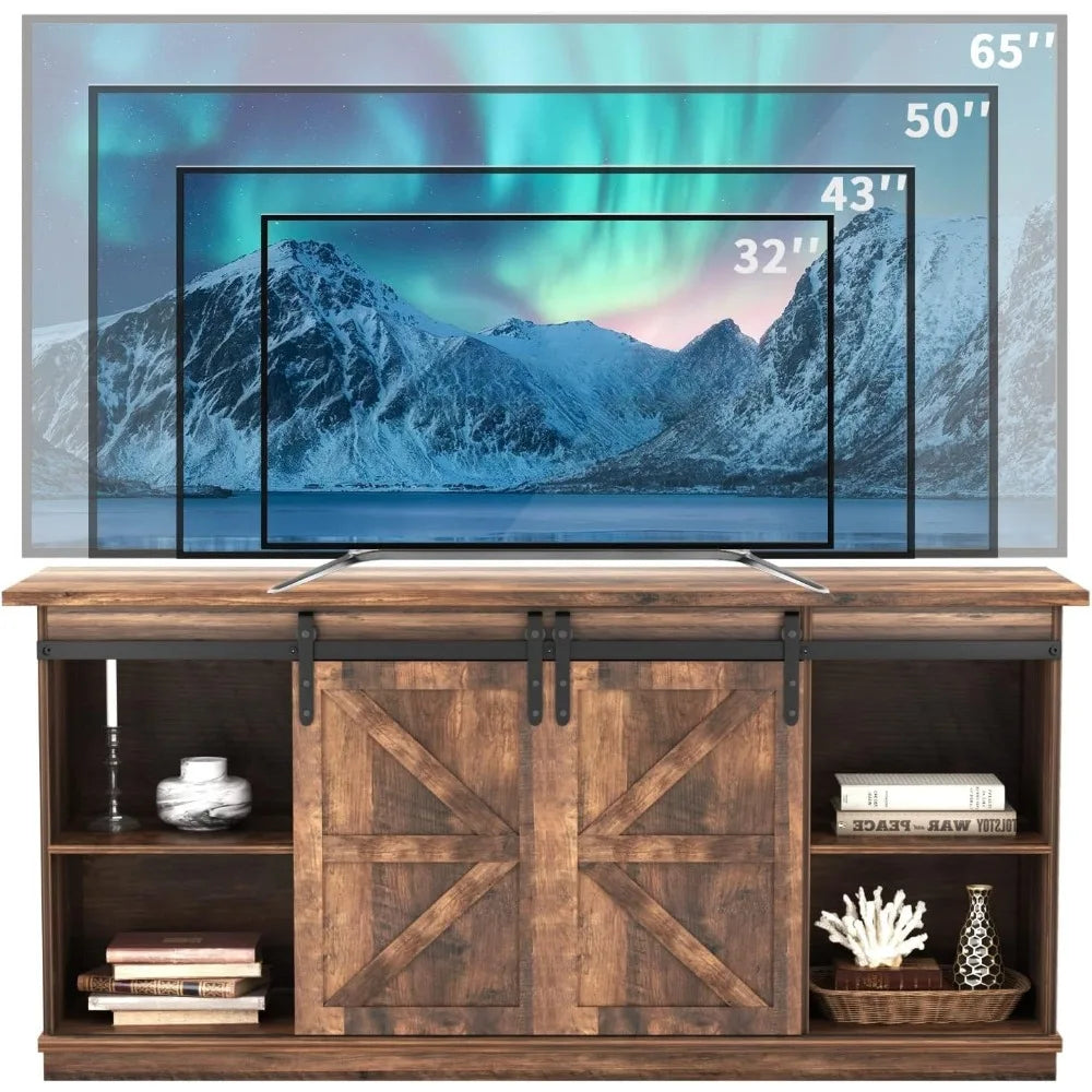 TV Stand for 65 Inch TVs with Sliding Barn Doors and Storage Cabinets