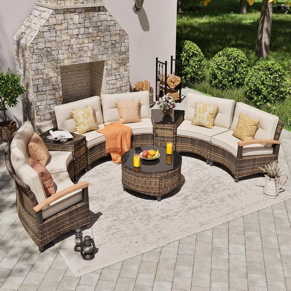 Ljustra 9 Piece Outdoor Patio Furniture Set Half-Moon Curved Sectional
