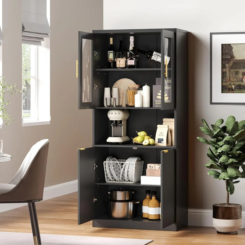 71 Inch Tall Kitchen Pantry Cabinet Fluted Storage with Glass Doors