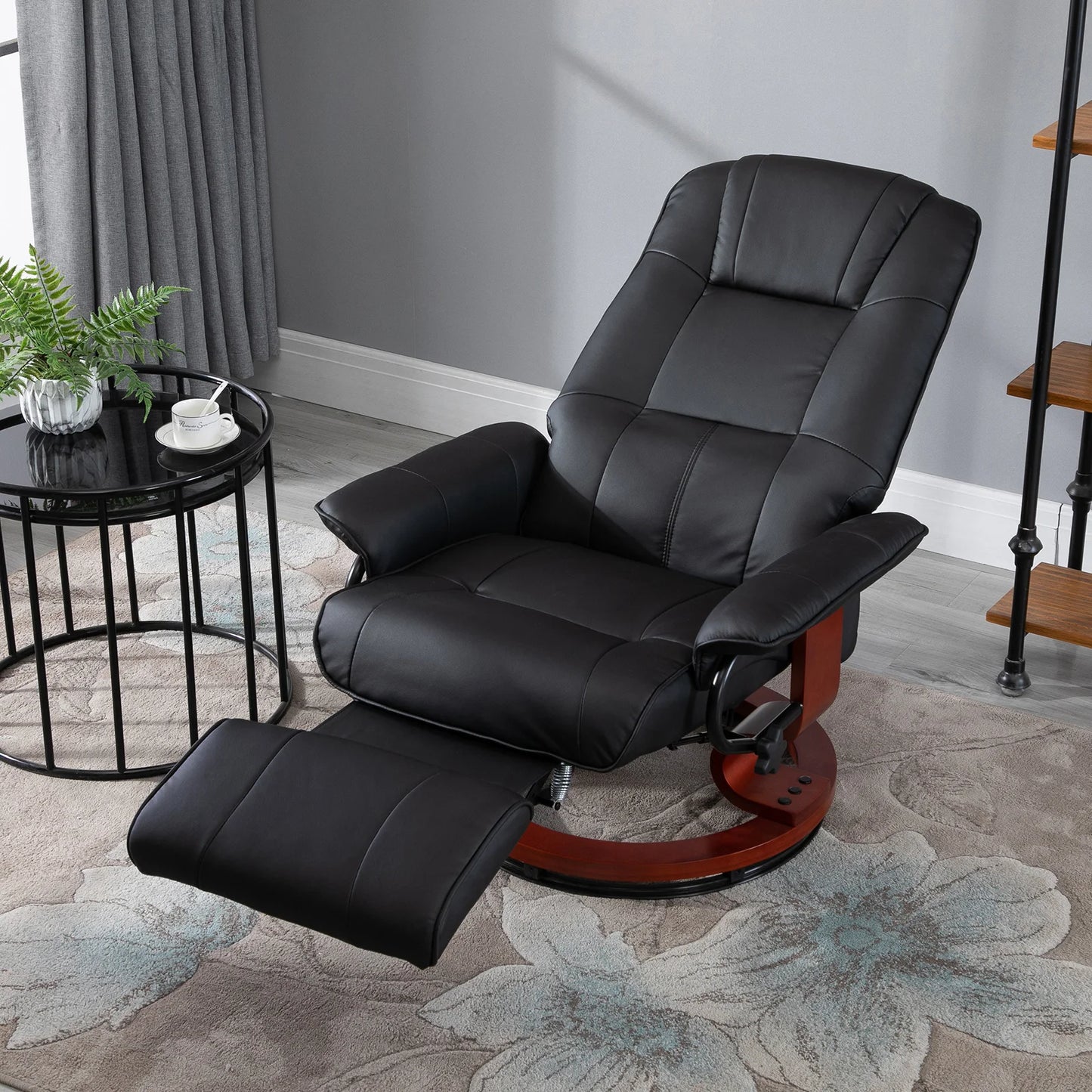 Faux Leather Reclining Lounge Chair Swivel Recliner Sofa with Wooden Base