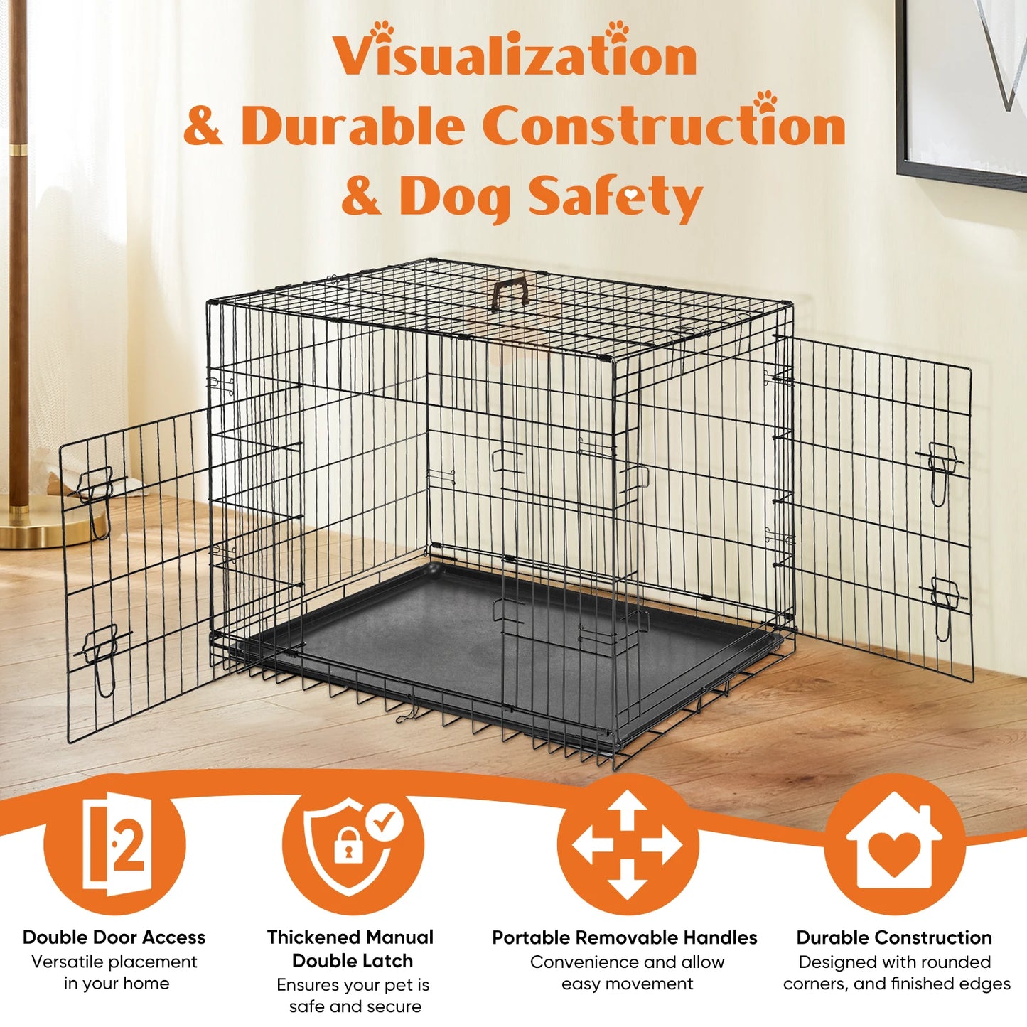 Extra Large Double Door Folding Metal Wire Dog Cage with Leak-Proof Tray