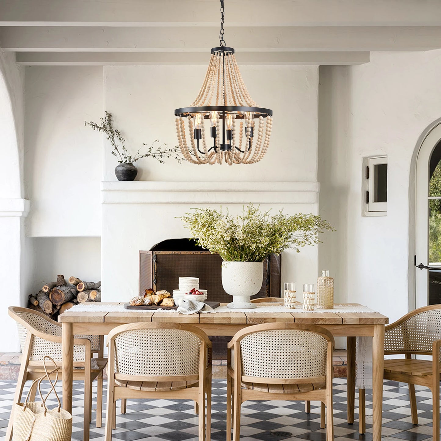 Modern Boho Wood Bead Chandelier Dimmable High Ceilings Bedroom Hall