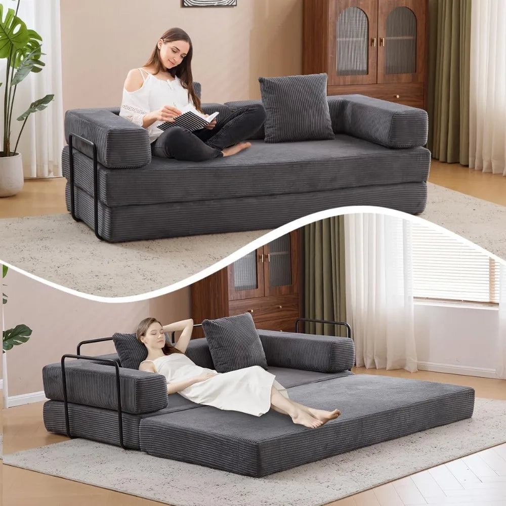 4-in-1 Foldable Corduroy Sofa Bed, Convertible Sleeper Couch, Dark Grey