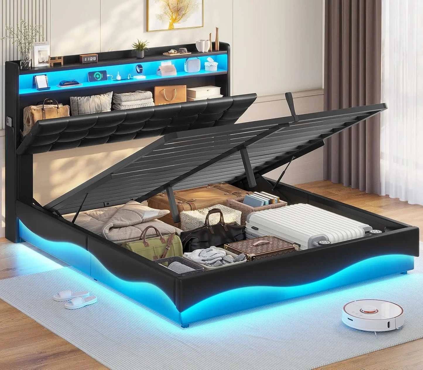 Lift Up Storage Queen Bed Frame with Charging Station and LED Lights