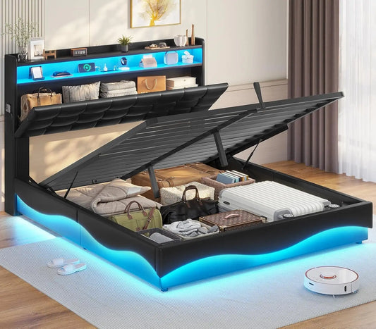 Lift Up Storage Queen Bed Frame with Charging Station and LED Lights