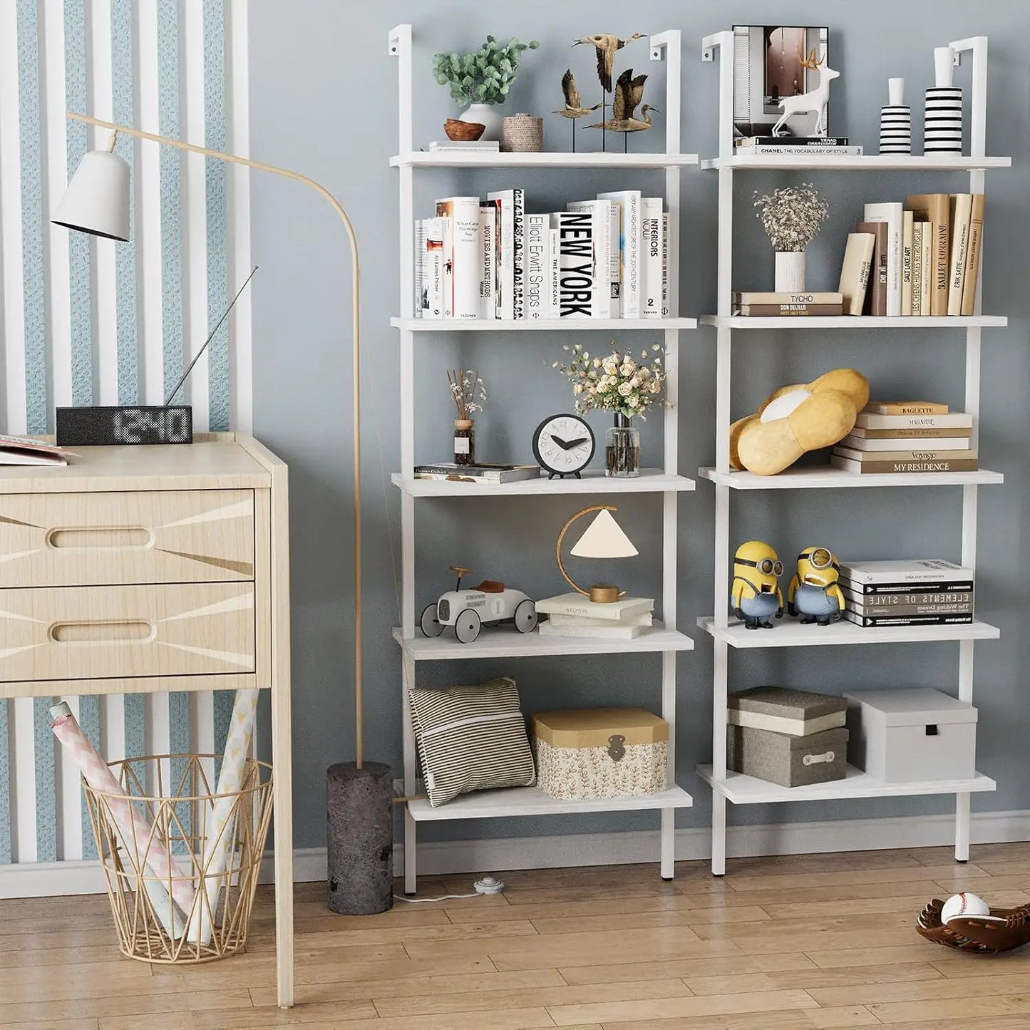 Ladder Shelf 5-Tier Wooden Bookshelf Wall-Mounted Plant Stand Utility