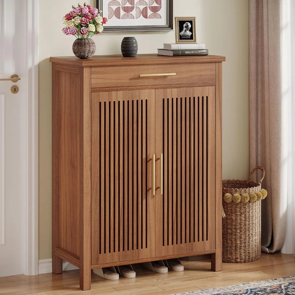 Shoe Cabinet 5-Tier Storage Organizer Louvered Doors Freestanding Rack