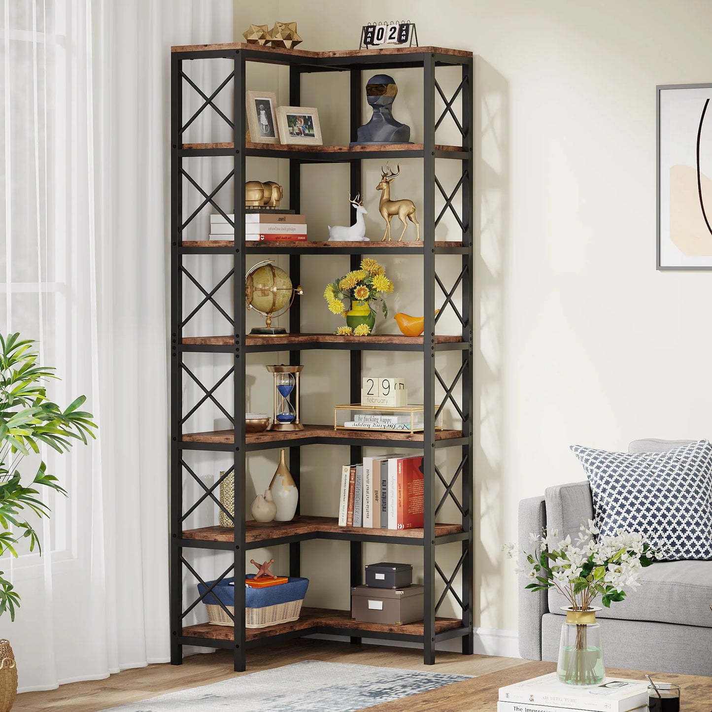 Ljustra 7-Shelf Corner Bookshelf Modern Corner Bookcase Storage Rack