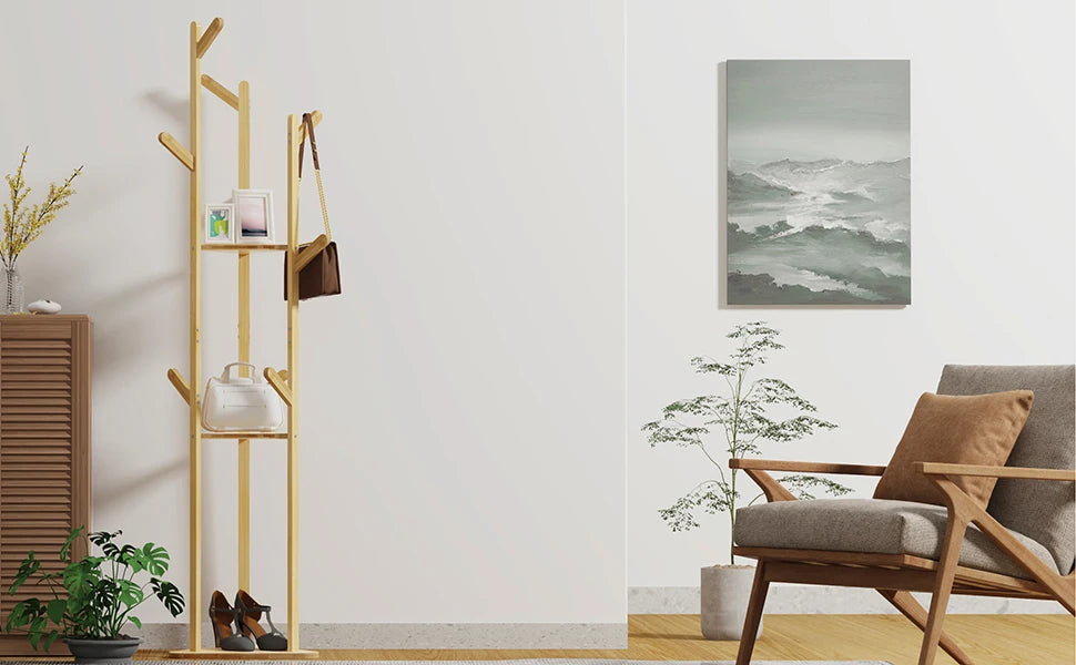 Bamboo Corner Tree Coat Rack Stand Clothes Hanger with 9 Hooks