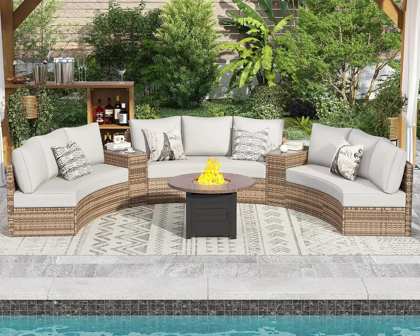 11 Piece Half-Moon Sectional Patio Conversation Set with Storage Table