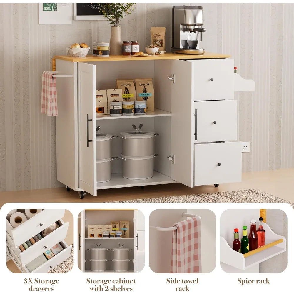 Kitchen Island with Storage Rolling Cart 3 Drawers Adjustable Shelves