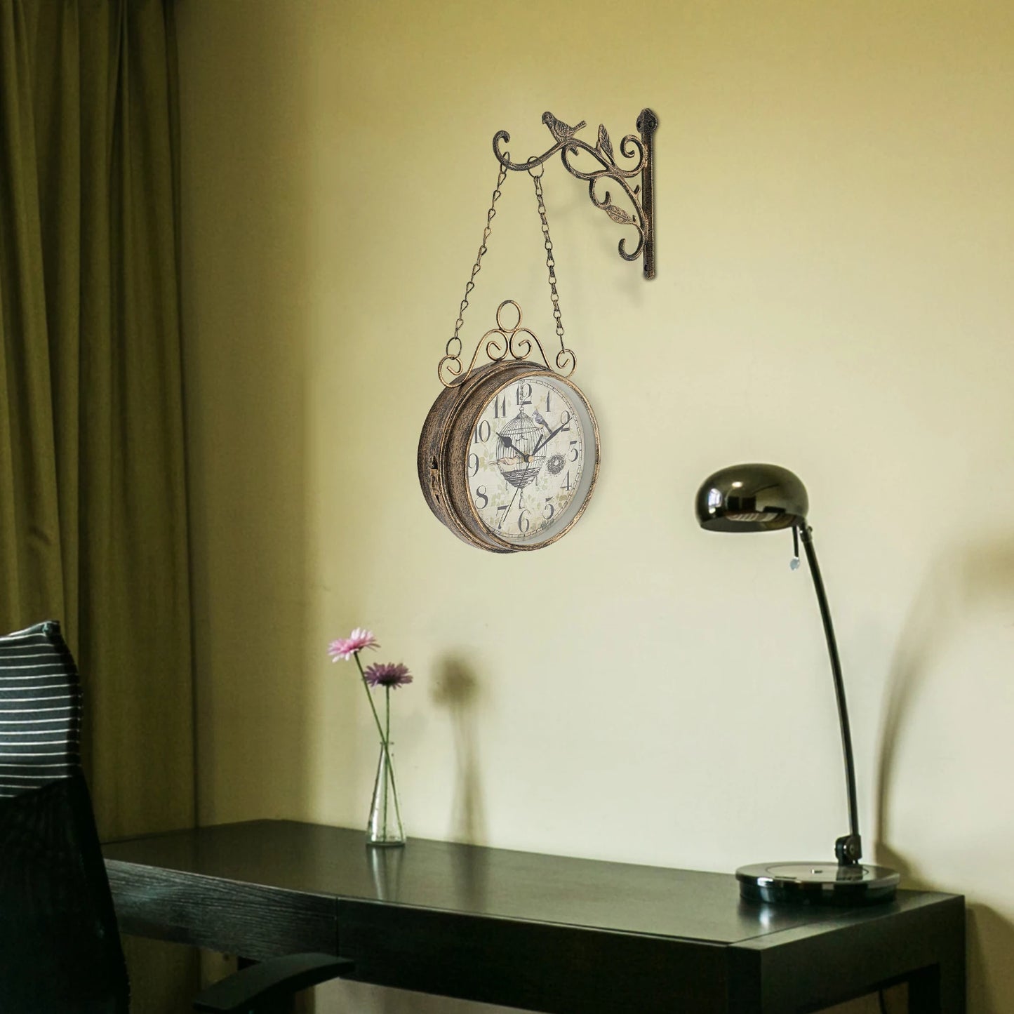 Double Sided Iron Wall Clock Vintage Round Design for Living Room Decor