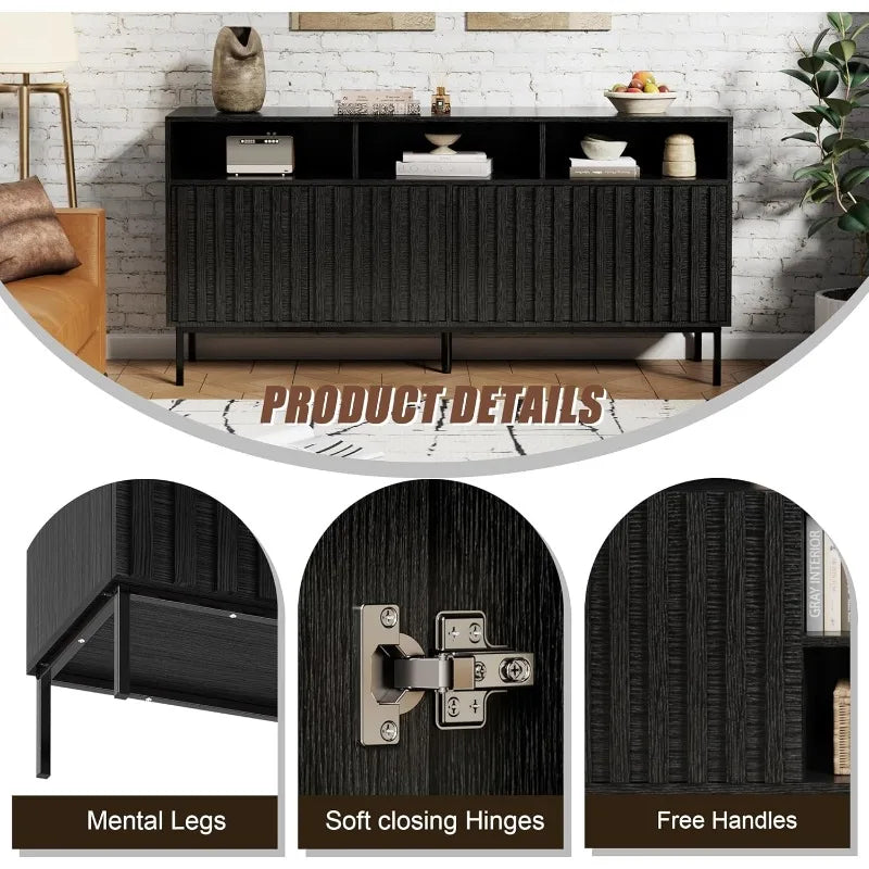 Mid Century Modern Sideboard Buffet Cabinet Storage 61.4 Inch Fluted