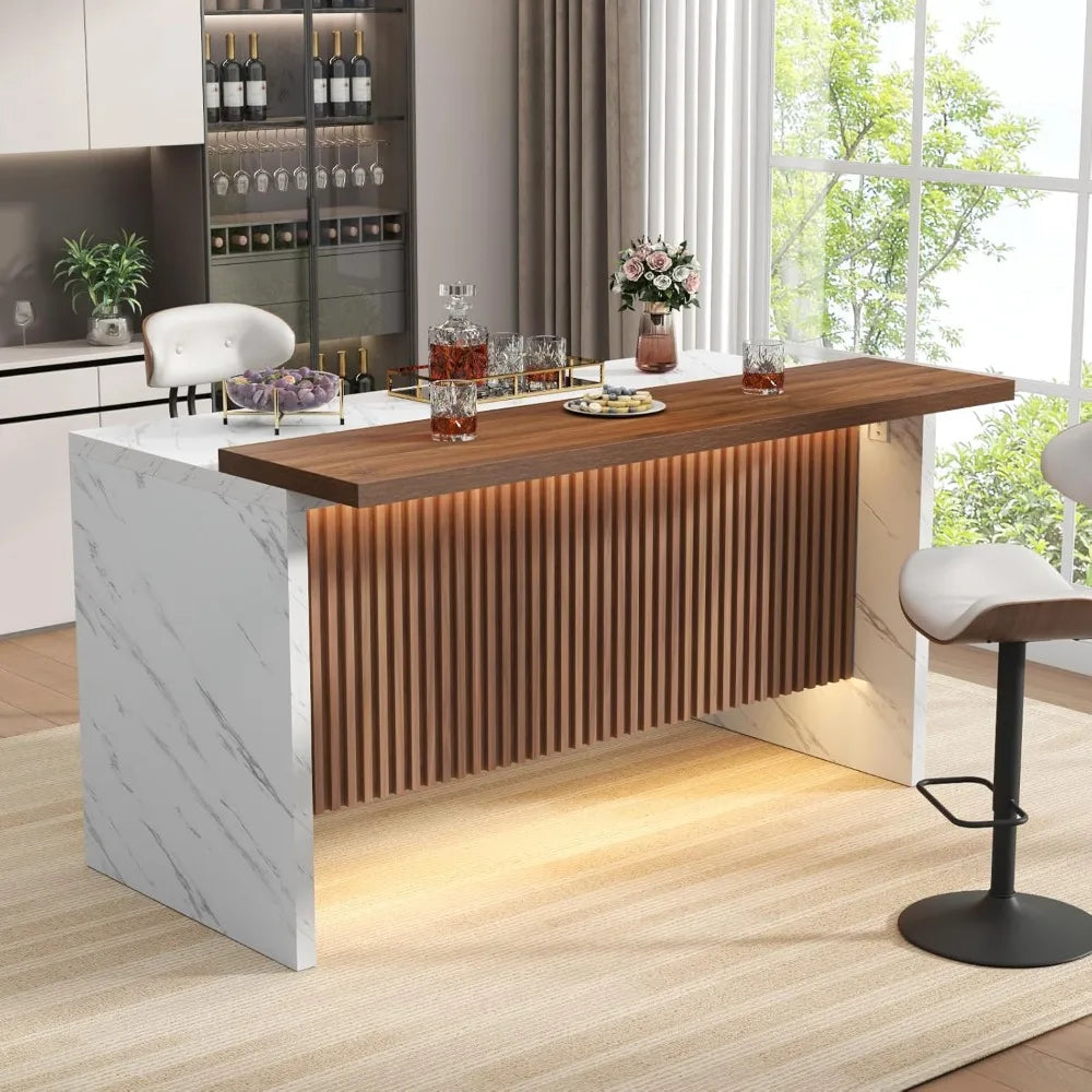 63 Inch Large Imitation Marble Bar Table with LED Lights Modern Design