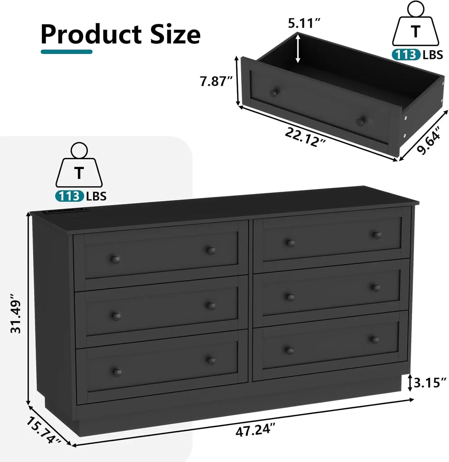 Limited Time Offer 6 Drawer Dresser Modern Chest with Power Outlet LED Light