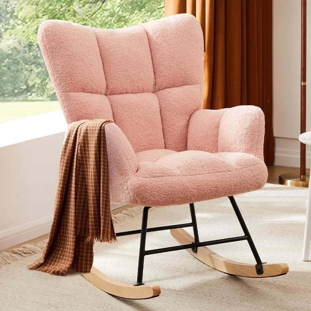 Rocking Chair Nursery Teddy Upholstered Glider High Backrest Reading Chair