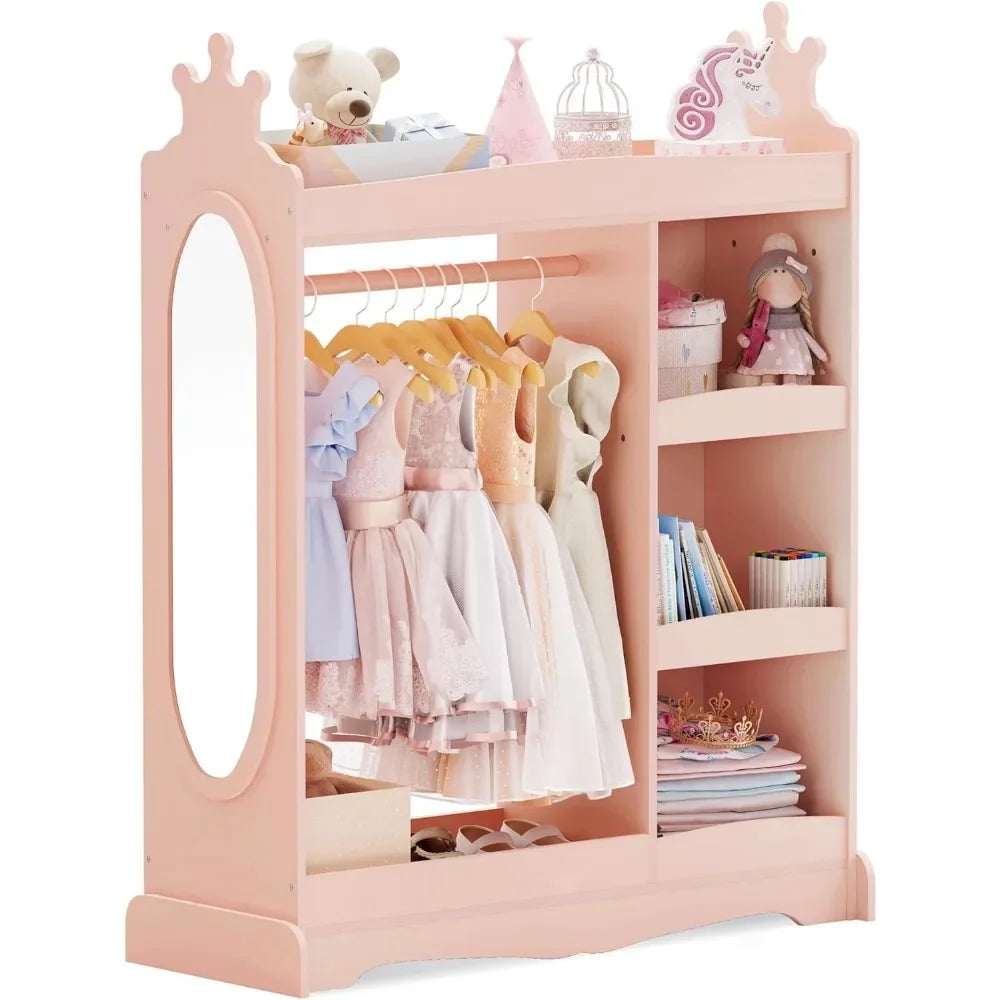 Kids Wardrobe with Mirror and Hooks Large Storage Closet Organizer