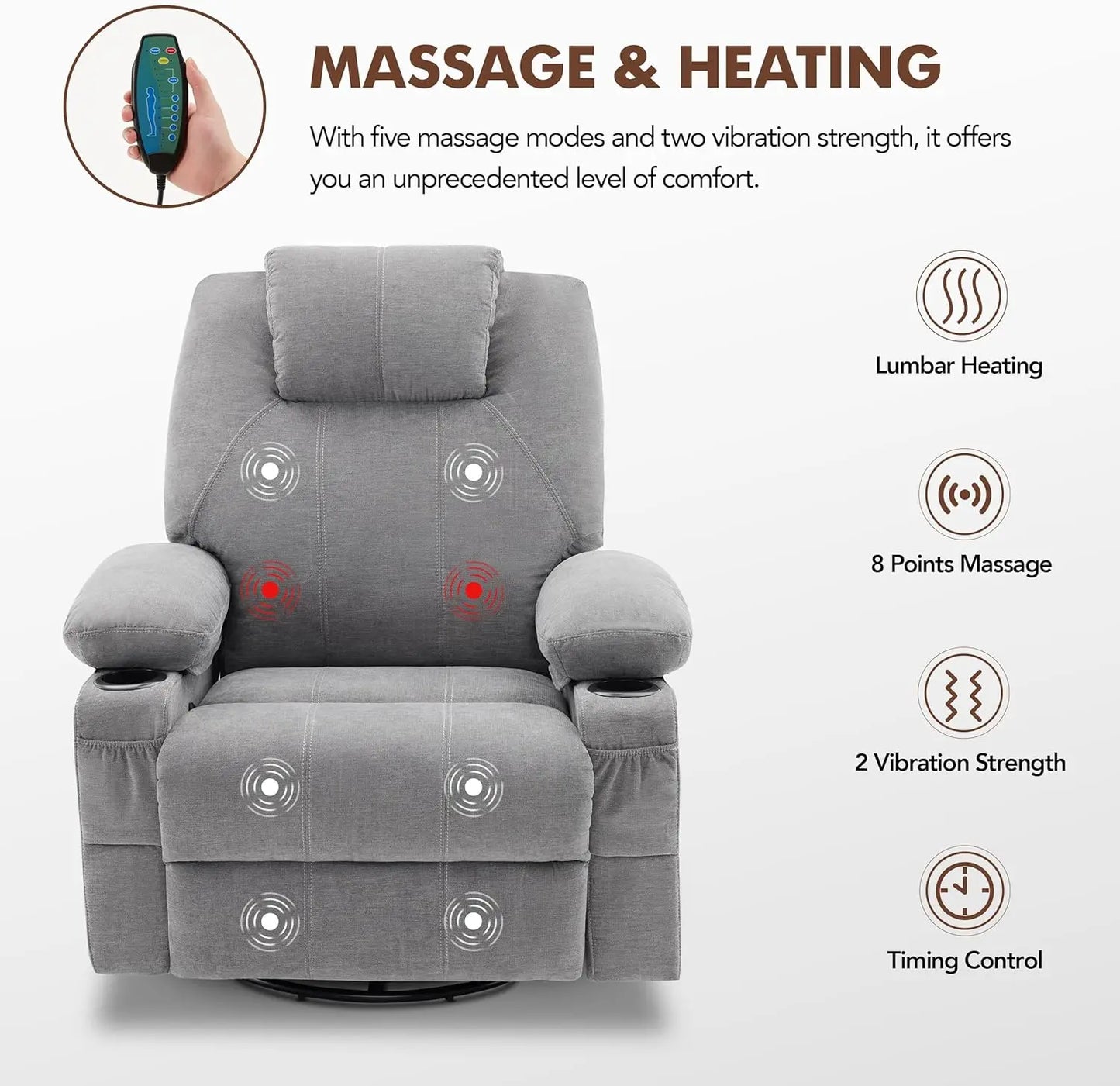 Swivel Rocker Recliner Chair with Heat Massage 360 Degree Swivel USB
