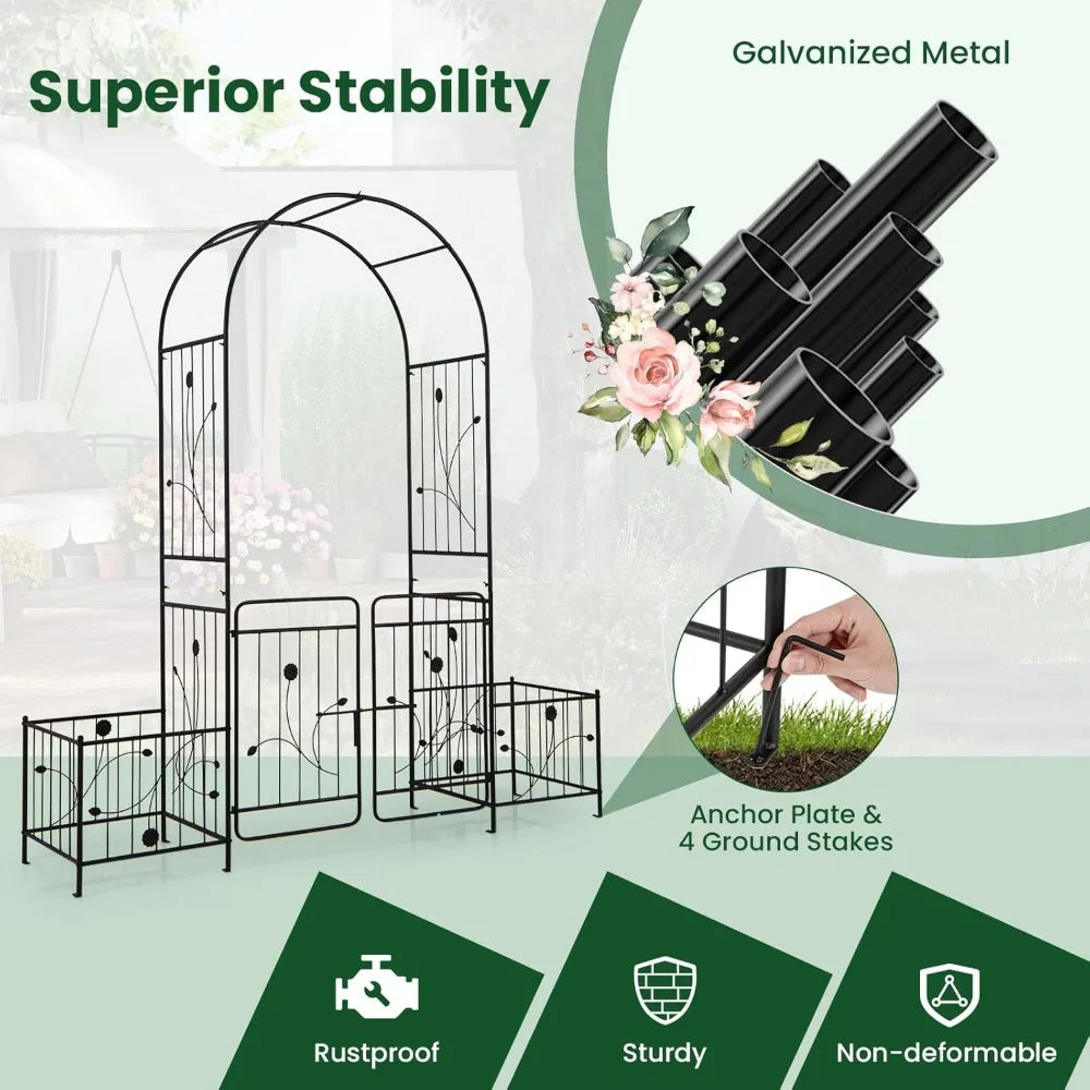 Ljustra Garden Arbor 87" Metal Archway Pergola with Lockable Gate and Planters