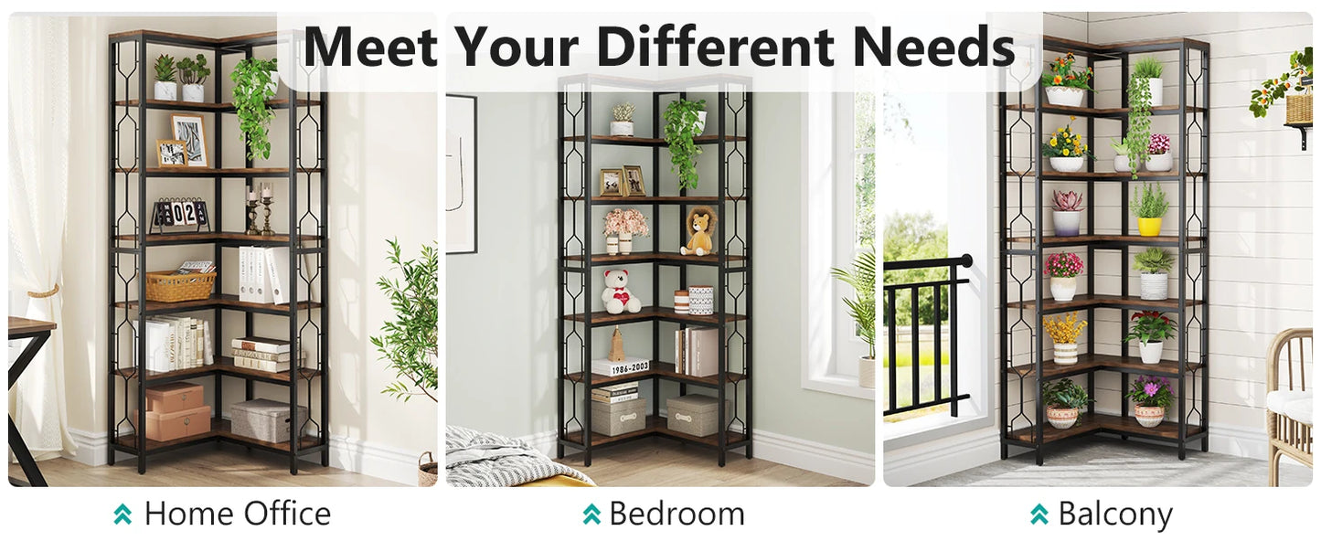 Ljustra 7-Tier Industrial Corner Shelf Wood Metal Bookcase Display Unit