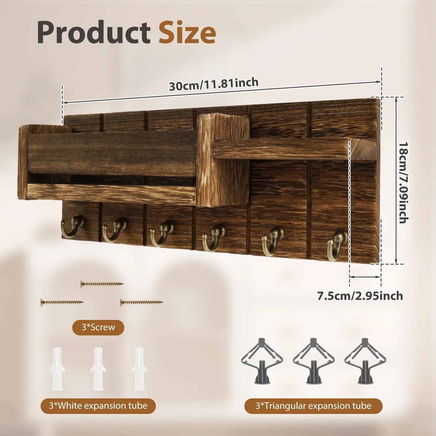 Wall Mounted Mail Organizer Key Holder with Shelf Hooks for Entryway