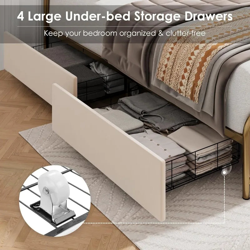 Upholstered Queen Size Bed with Storage Drawers Heavy Duty Frame