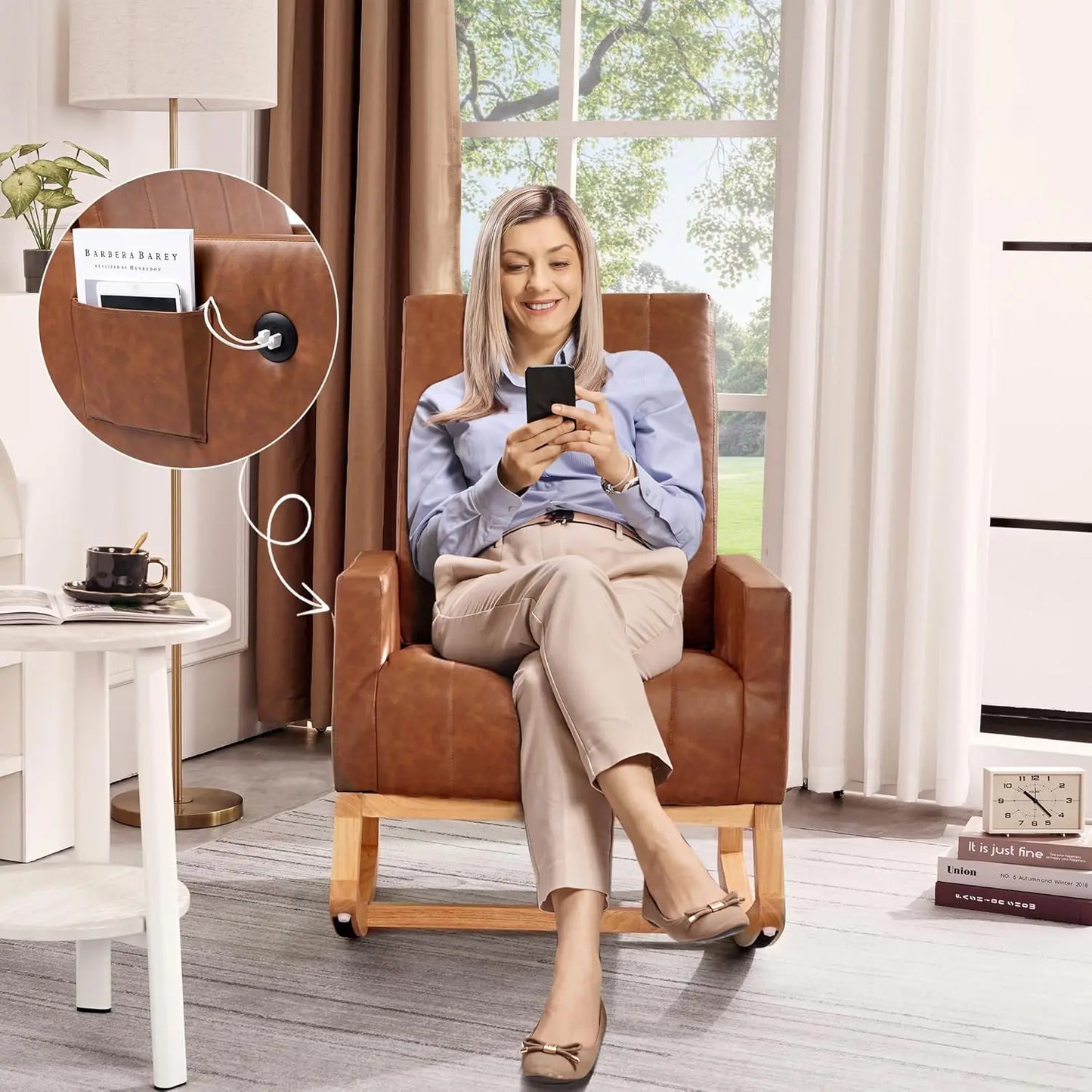 Rocking Chair Nursery Leather Upholstered Glider Modern Armchair USB Port