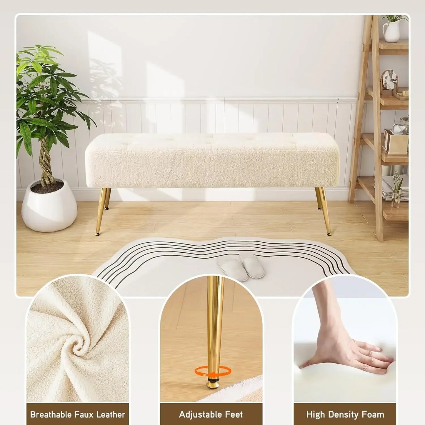 Faux Fur Boho Bench Ottoman Tufted Padded Seat Footrest Foot Stool