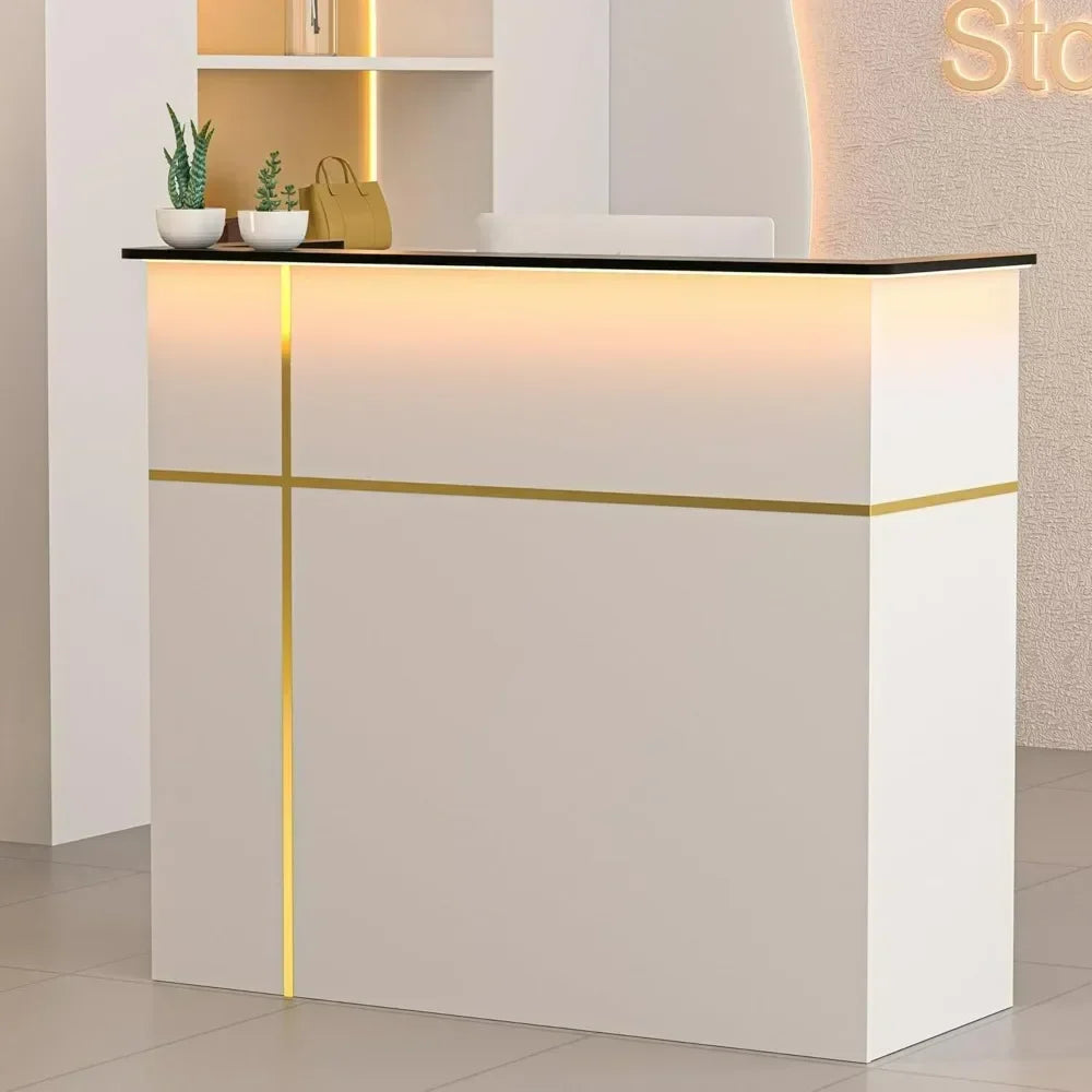 Reception Desk with LED Lights Modern Checkout Counter with Storage Lockers
