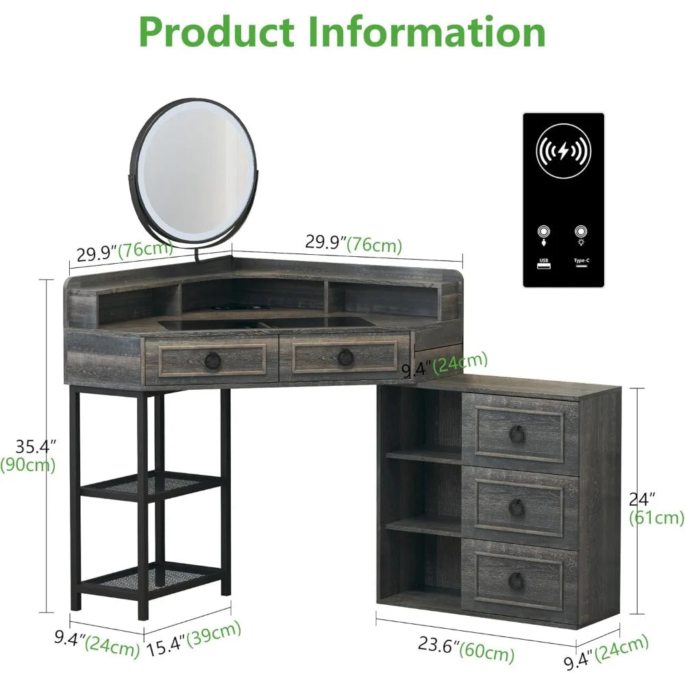 Corner Vanity Desk with LED Mirror Charging Station Makeup Organizer