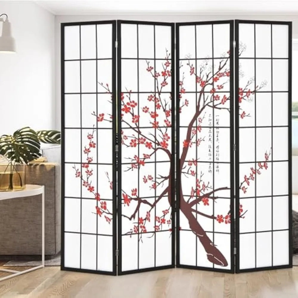 Japanese Style 4 Panel Room Divider Folding Shoji Screen Plum Blossom